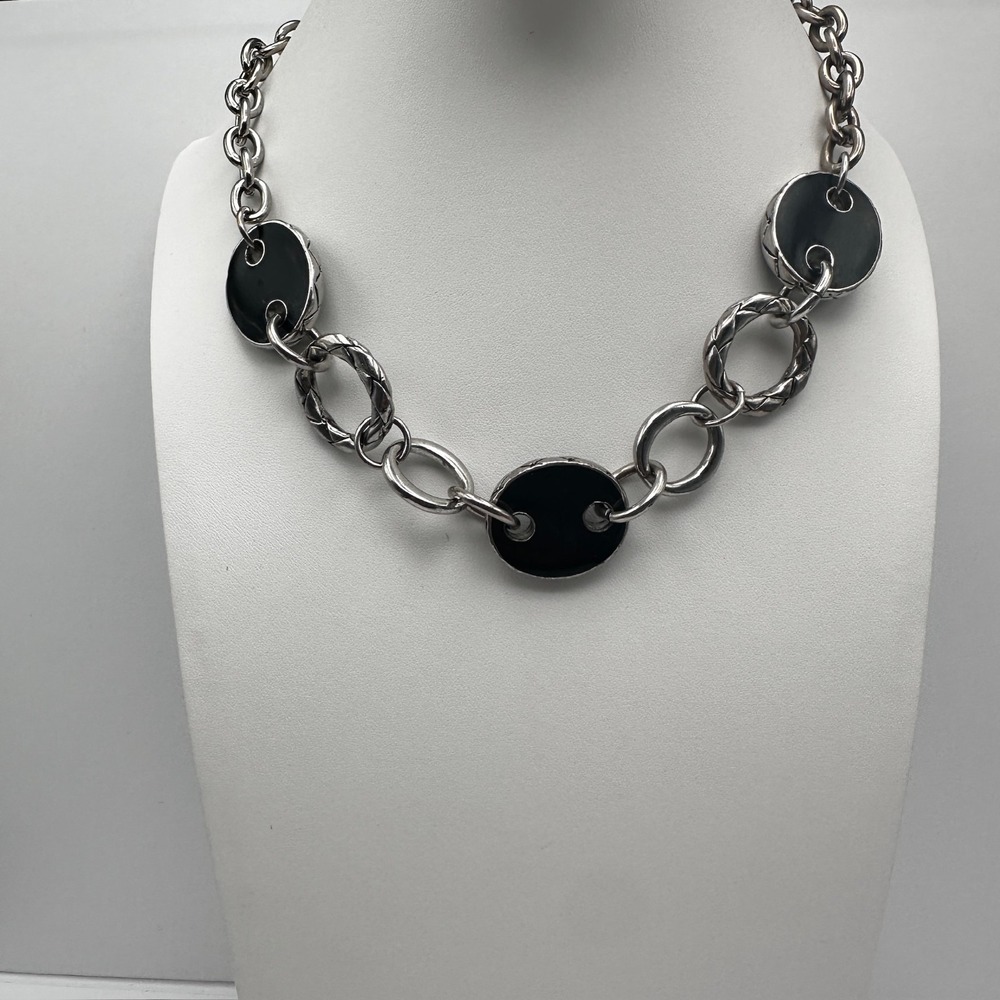 Vintage 90s Chunky Link Necklace Black Oval Inlay Silver Tone Women's Jewelry